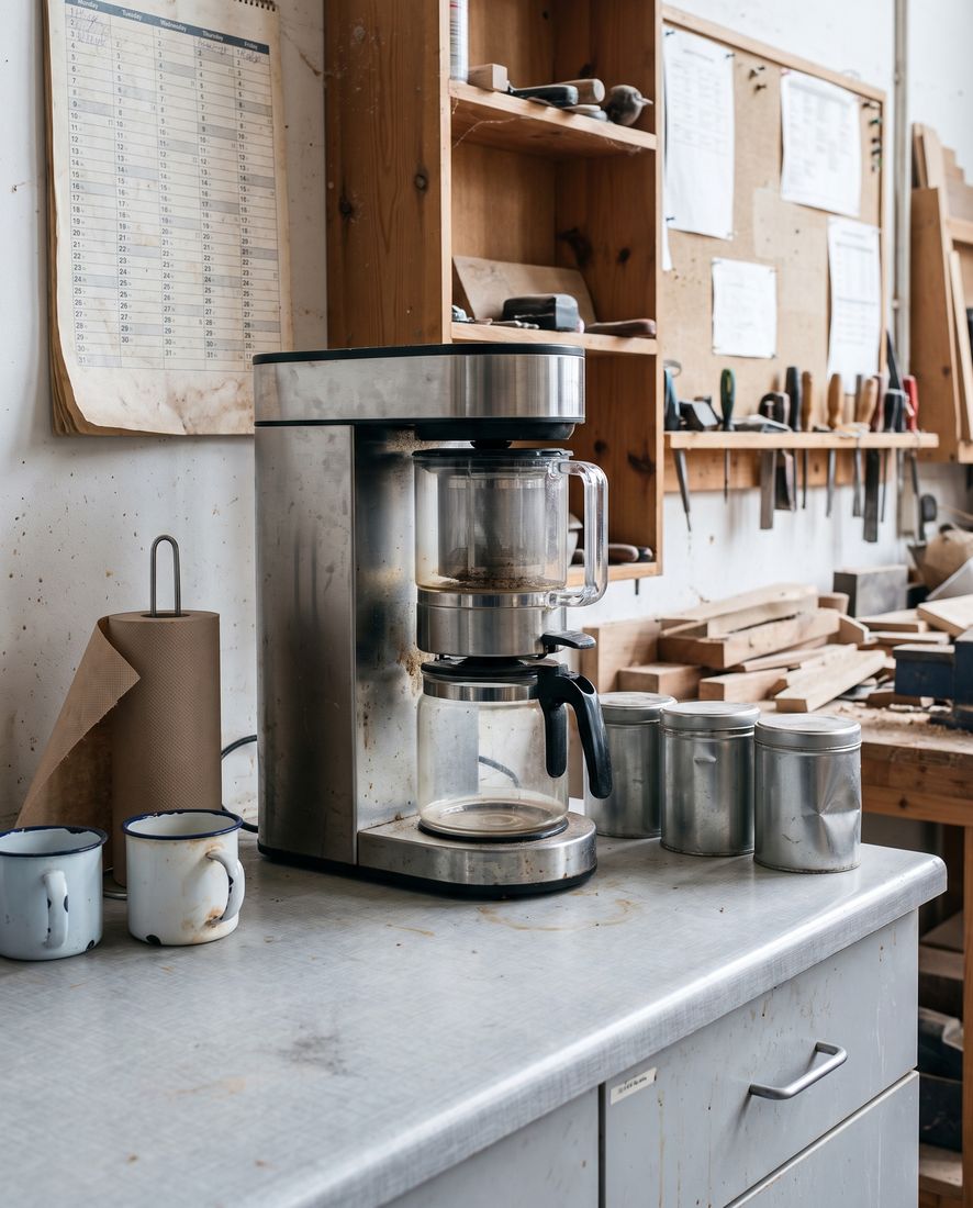 Teemaschine auf einer Arbeitsplatte im Sozialraum einer Tischlerei