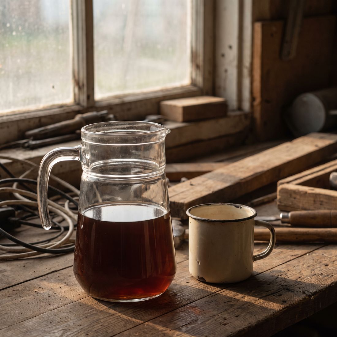 Halb gefüllte Glaskanne mit dunklem Tee ohne Dampf, daneben ein leerer Becher